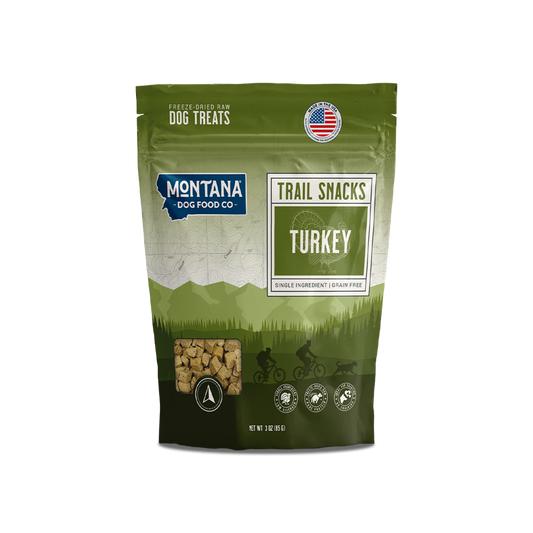 Turkey Heart Trail Snacks bag, 3 oz, Montana Dog Food Co, sold through Sniff and Shift