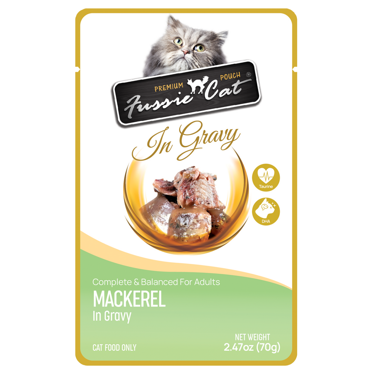 Fussie Cat Pouch Mackerel in Gravy wet cat food, 2.47oz pouch