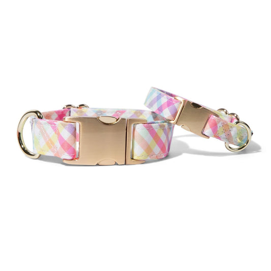 Minka Dog Collar in pastel rainbow gingham, Pink Papyrus Co., sold through Sniff and Shift