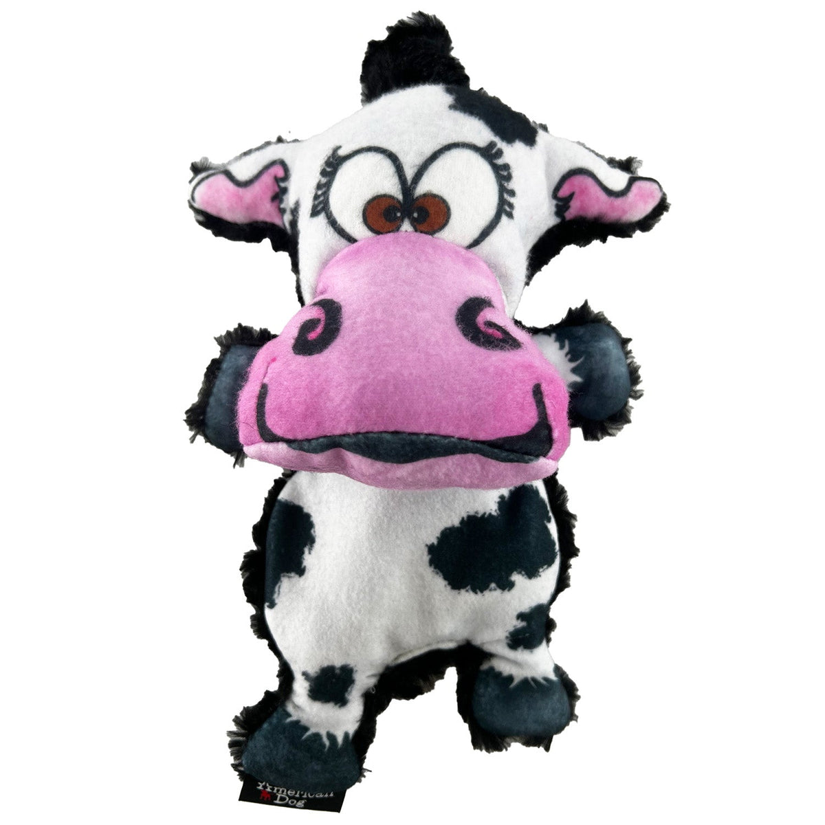 Moo-Ria the Cow dog toy by American Dog with a 1000D nylon front and soft black minky fleece back
