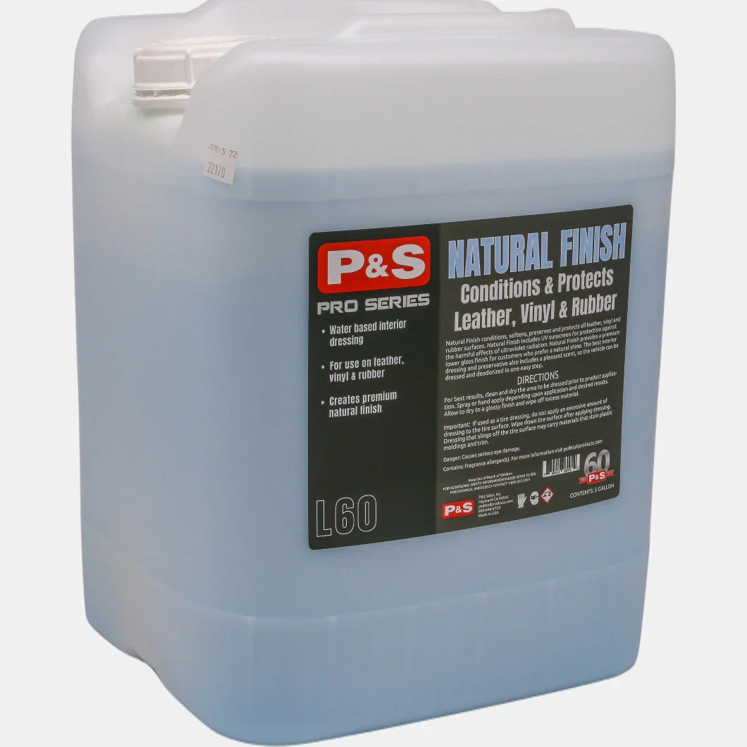 P&S Natural Finish Dressing 5 gallon white pail of blue liquid with the Pro Series L60 label