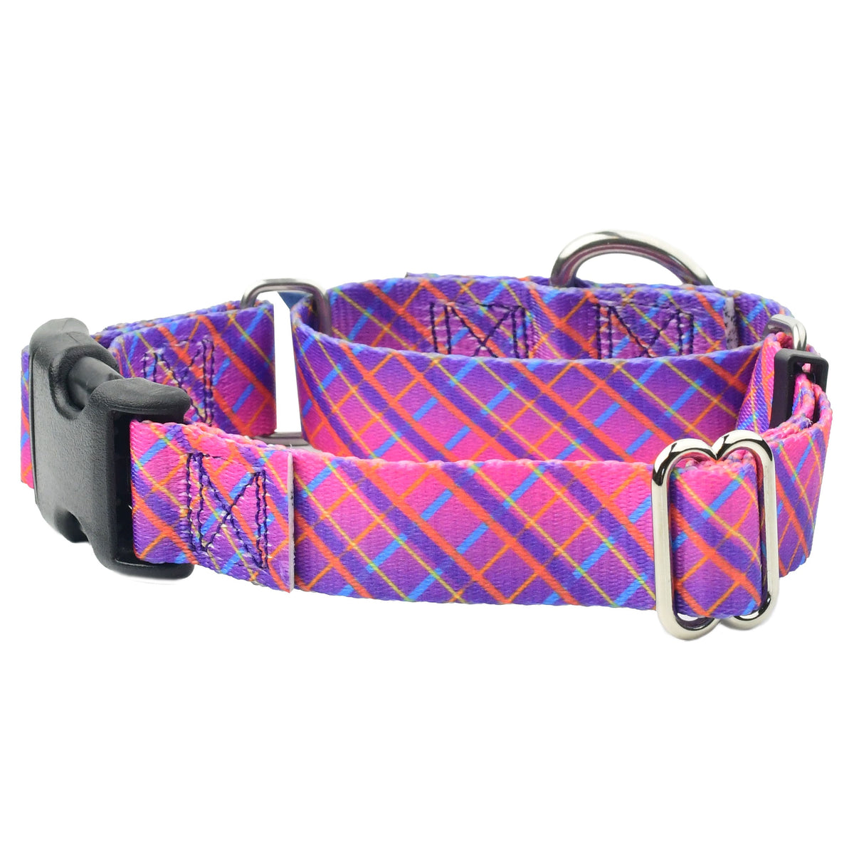 Neon Sunrise Pink Plaid EarthStyle Buckle Martingale Dog Collar