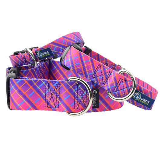 Neon Sunrise Pink Plaid EarthStyle Dog Collar by 2 Hounds Design, sold through Sniff and Shift
