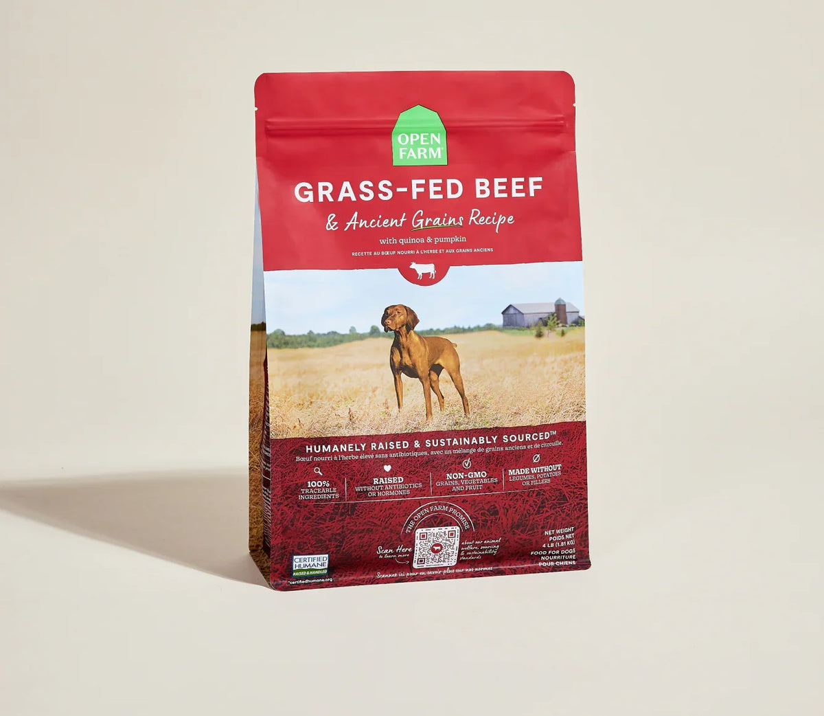 Open Farm Grass-Fed Beef & Ancient Grains 4lb dry dog food bag