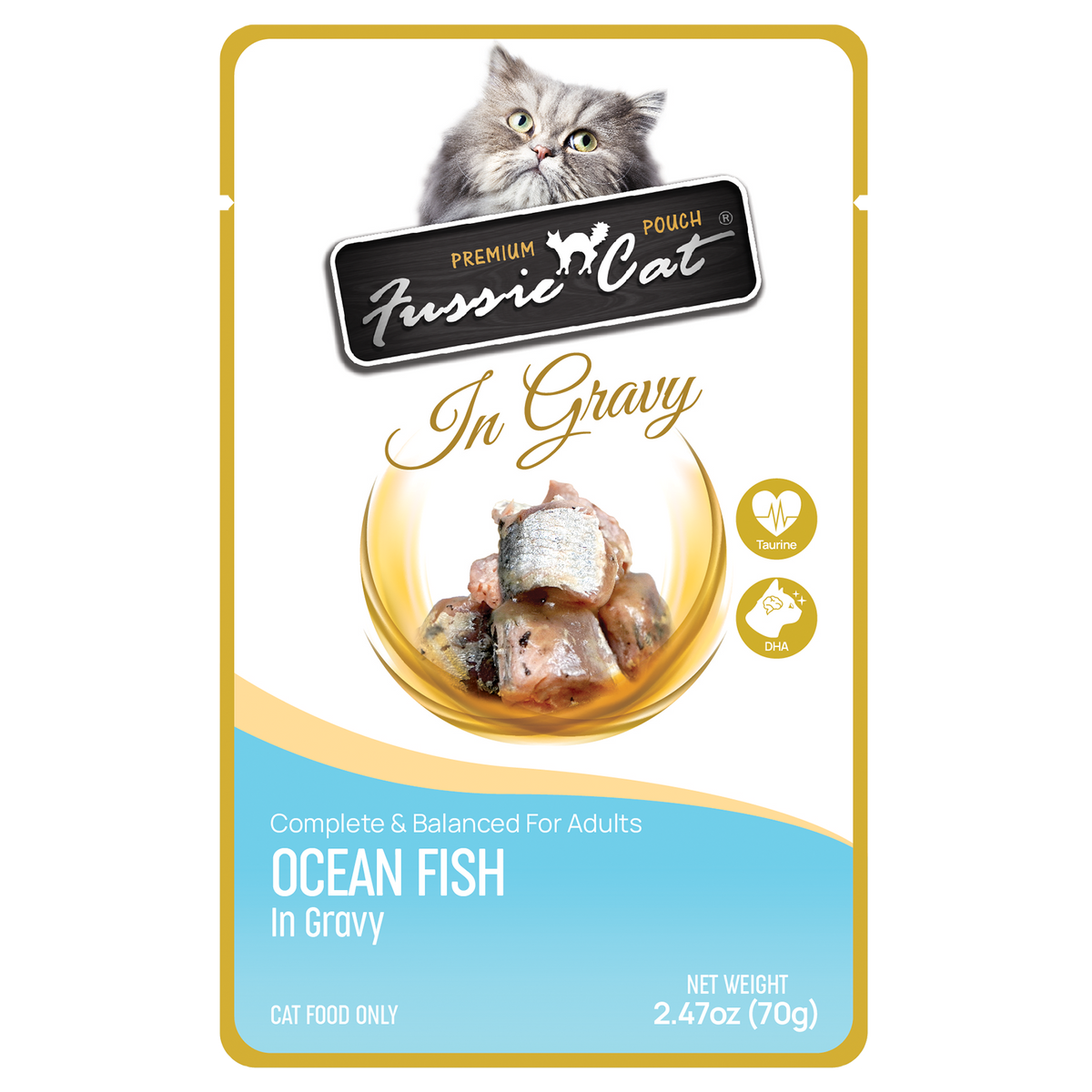 Fussie Cat Pouch Ocean Fish in Gravy wet cat food, 2.47oz pouch