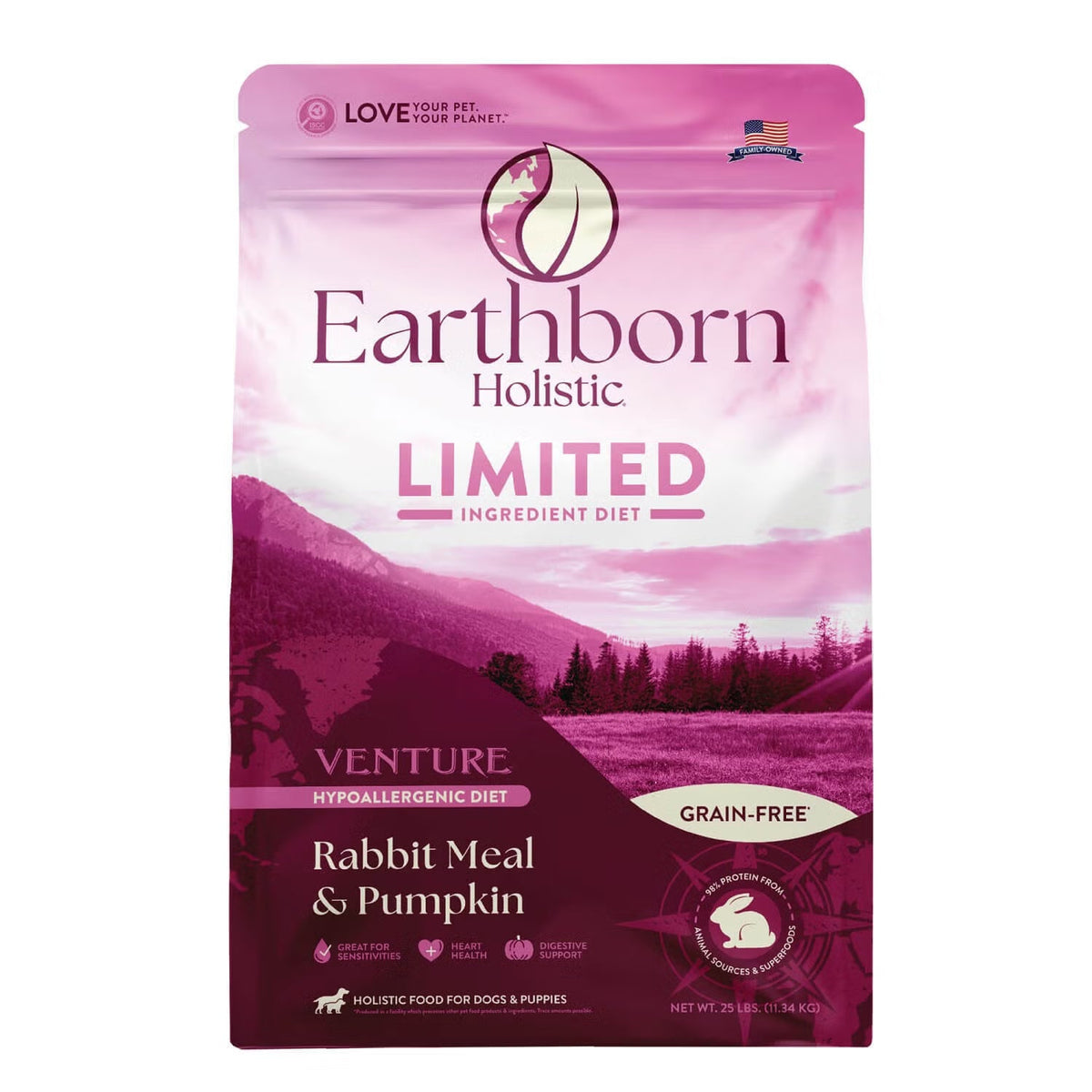 4 and 25 lb bags of Earthborn Holistic Venture Grain Free Rabbit & Pumpkin dry dog food