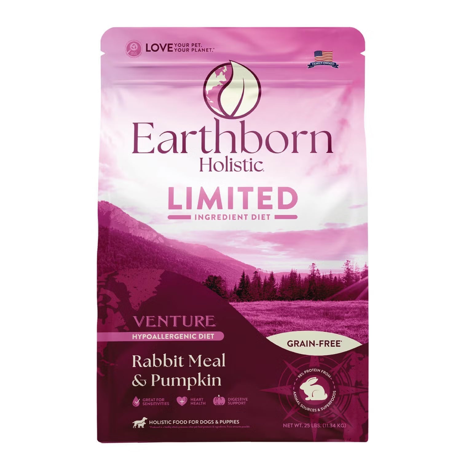 4 and 25 lb bags of Earthborn Holistic Venture Grain Free Rabbit & Pumpkin dry dog food