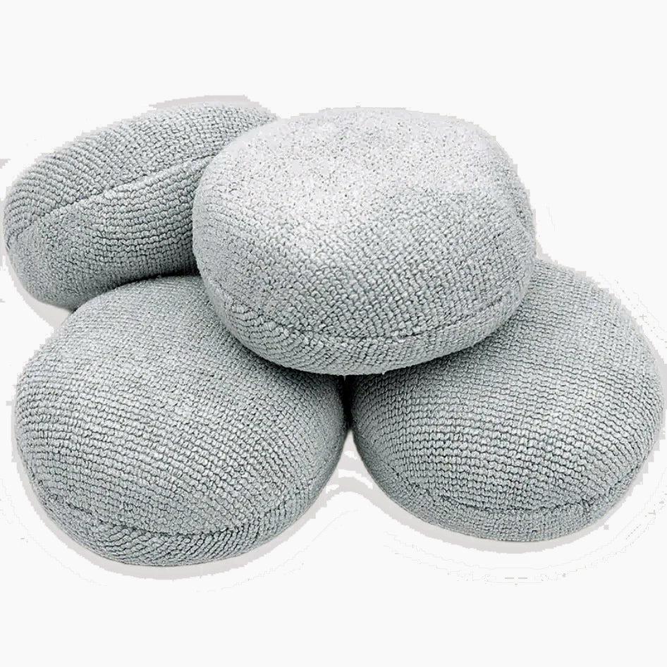 The Rag Company Pearl Puck applicators, four round ice gray microfiber pucks stacked together