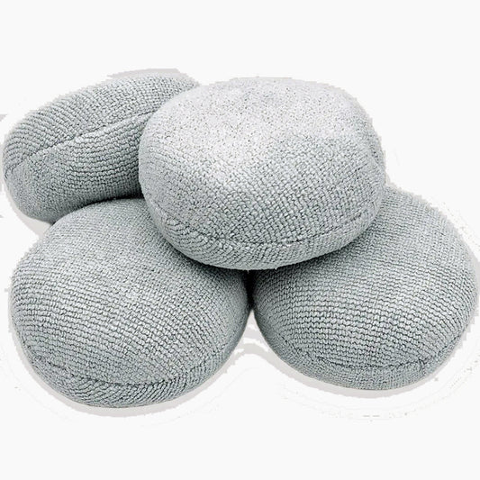 The Rag Company Pearl Puck applicators, four round ice gray microfiber pucks stacked together