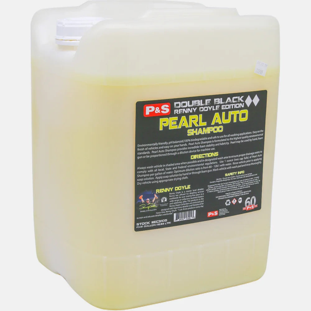P&S Pearl Auto Shampoo five gallon square jug of pale yellow concentrate with a black Double Black label