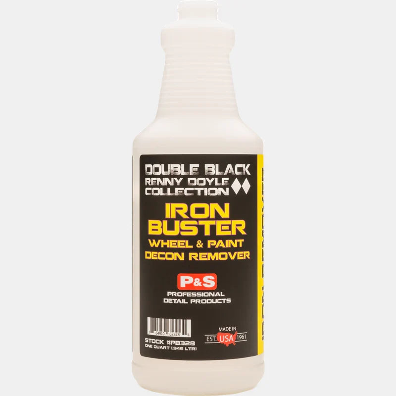 P&S Iron Buster labeled quart bottle in natural white plastic with a black and yellow Double Black label