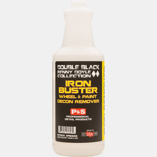 P&S Iron Buster labeled quart bottle in natural white plastic with a black and yellow Double Black label