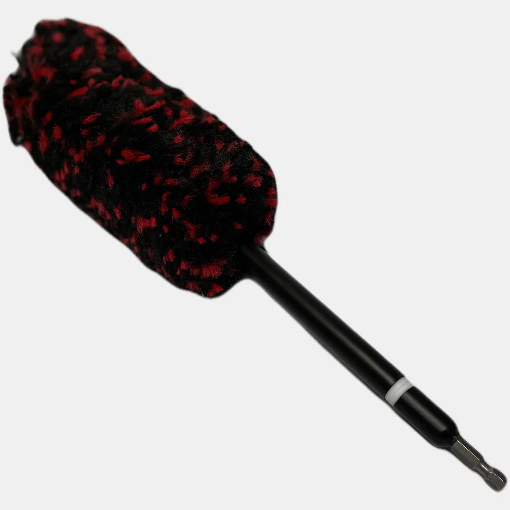 Power Woolie 16 inch red and black wool wheel brush on a black shaft with a hex shank for a drill