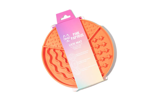 Orange Dog & Cat Lick Mat with a multi-level suction base, Pink Papyrus Co., sold through Sniff and Shift