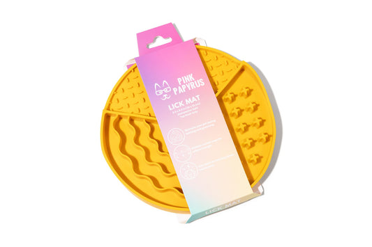 Yellow Dog & Cat Lick Mat with a multi-level suction base, Pink Papyrus Co., sold through Sniff and Shift