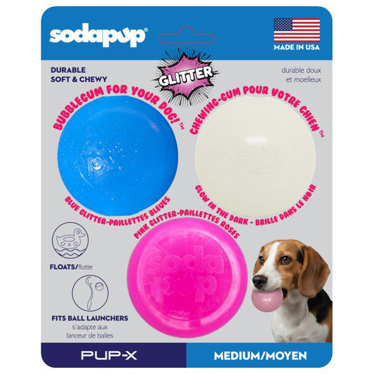 Blue, pink and glow in the dark glitter fetch balls, 3-pack, SodaPup, sold through Sniff and Shift