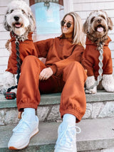Owner in the Cognac Fleece Jogger, matches the dog's fleece hoodie, Good Thomas, sold through Sniff and Shift