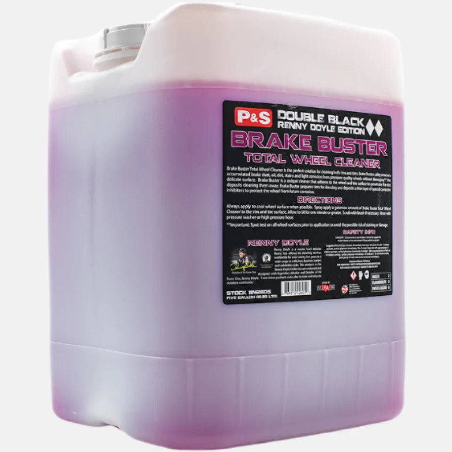 P&S Brake Buster Total Wheel Cleaner 5 gallon pail with purple liquid and a black Double Black label