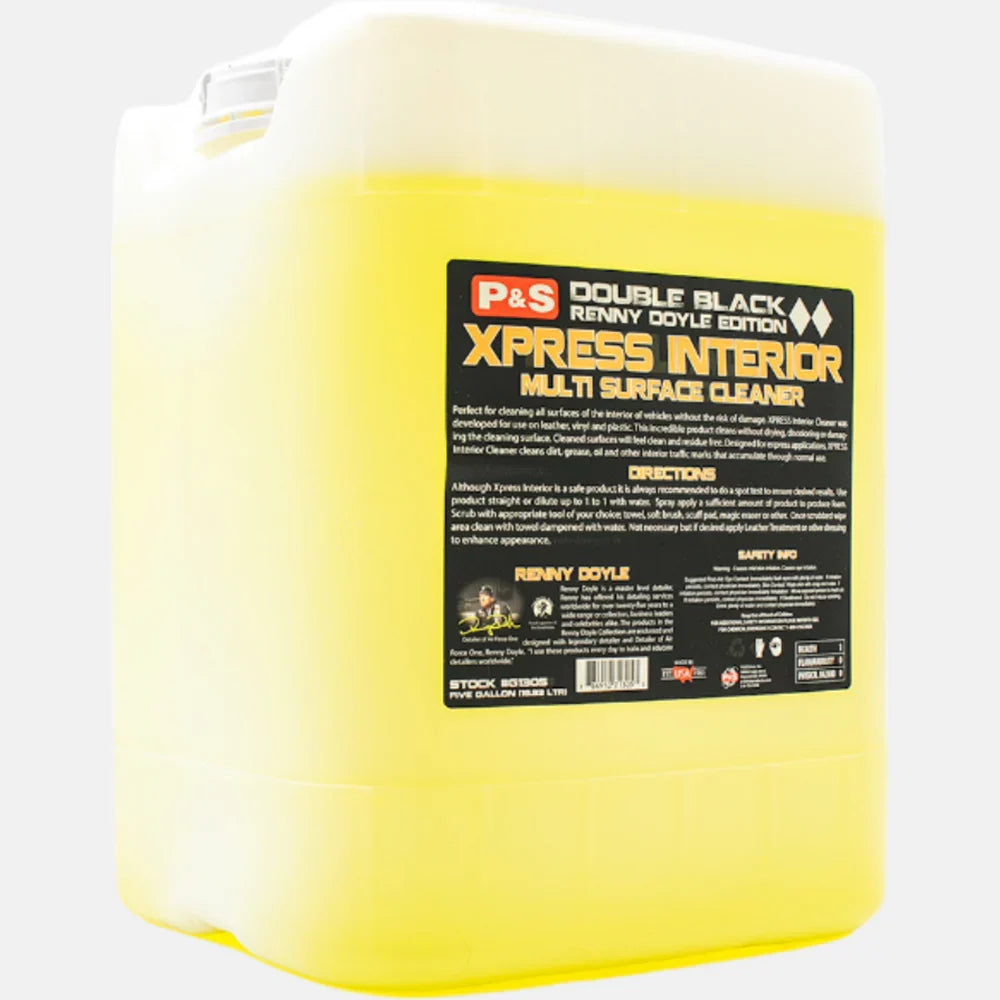 P&S Xpress Interior Multi Surface Cleaner five gallon jug of yellow liquid with a black Double Black label