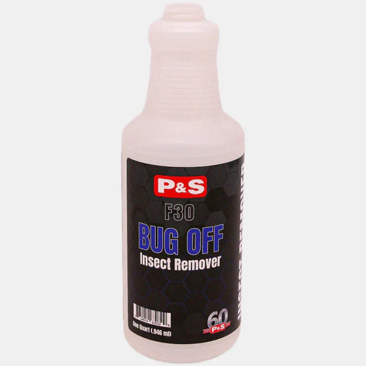 P&S Bug Off labeled empty secondary container bottle in natural plastic with a black and blue label