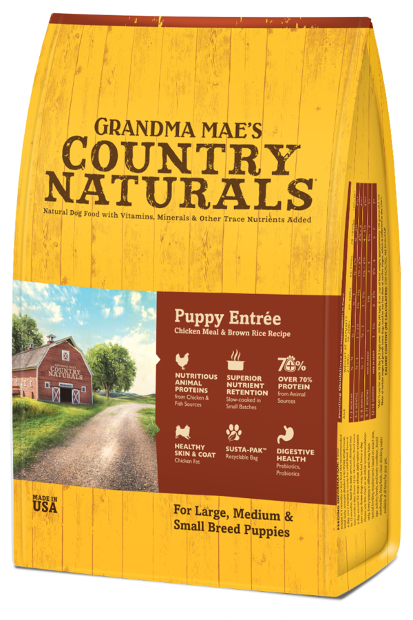 Bag of Grandma Mae's Country Naturals Puppy Entree dry dog food with meat & brown rice