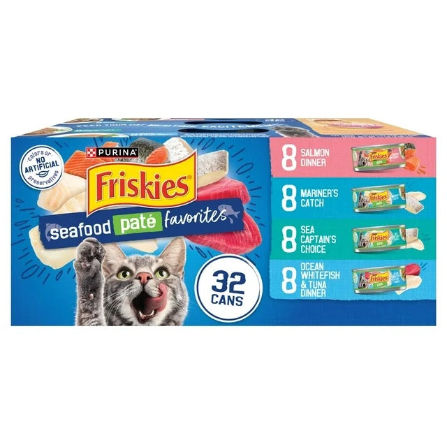 Box of Friskies Seafood Variety wet cat food, 32 cans of 5.5 ounce
