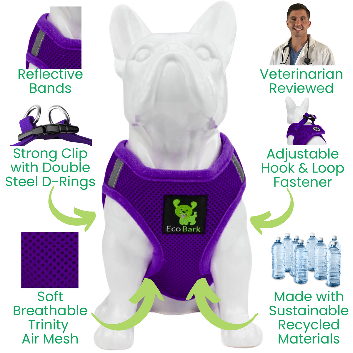 Purple Step-In Dog Harness, Reflective Mesh, Teacup to XL