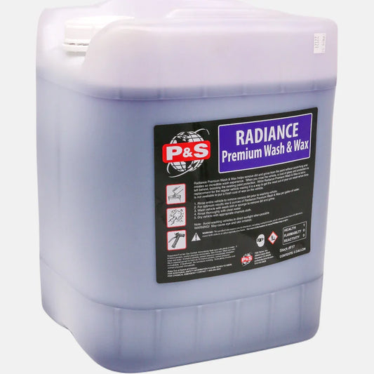 P&S Radiance 5 gallon pail of purple liquid with the white Premium Wash and Wax label