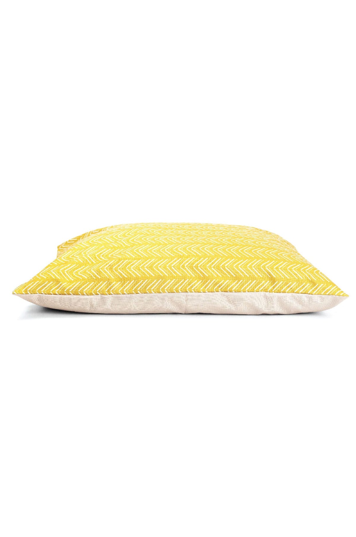 Rafa Dog Bed cover in white chevron print on golden yellow linen, Pink Papyrus Co., sold through Sniff and Shift
