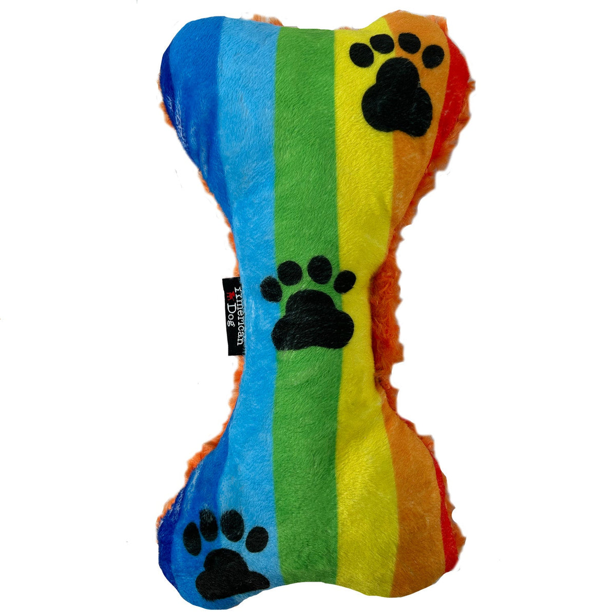 Rainbow Paw Bone dog toy by American Dog, rainbow striped minky fleece with black paw prints