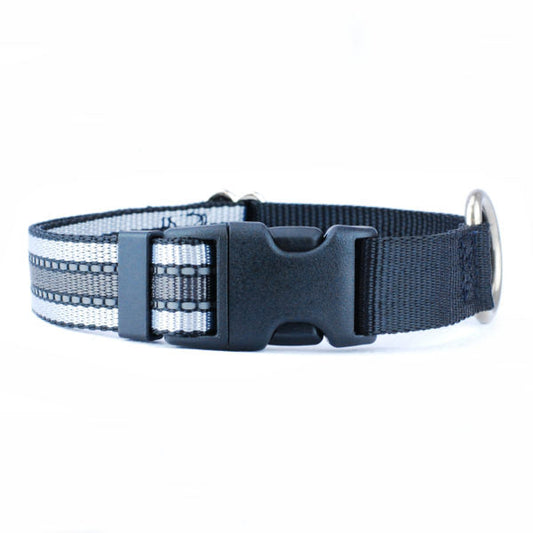 Reflective Black Nylon Dog Collar 5/8″ and 1″ by 2 Hounds Design, sold through Sniff and Shift