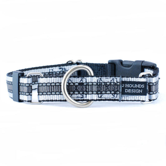 Reflective Black Nylon Buckle Martingale Dog Collar 5/8″ and 1″ by 2 Hounds Design, sold through Sniff and Shift