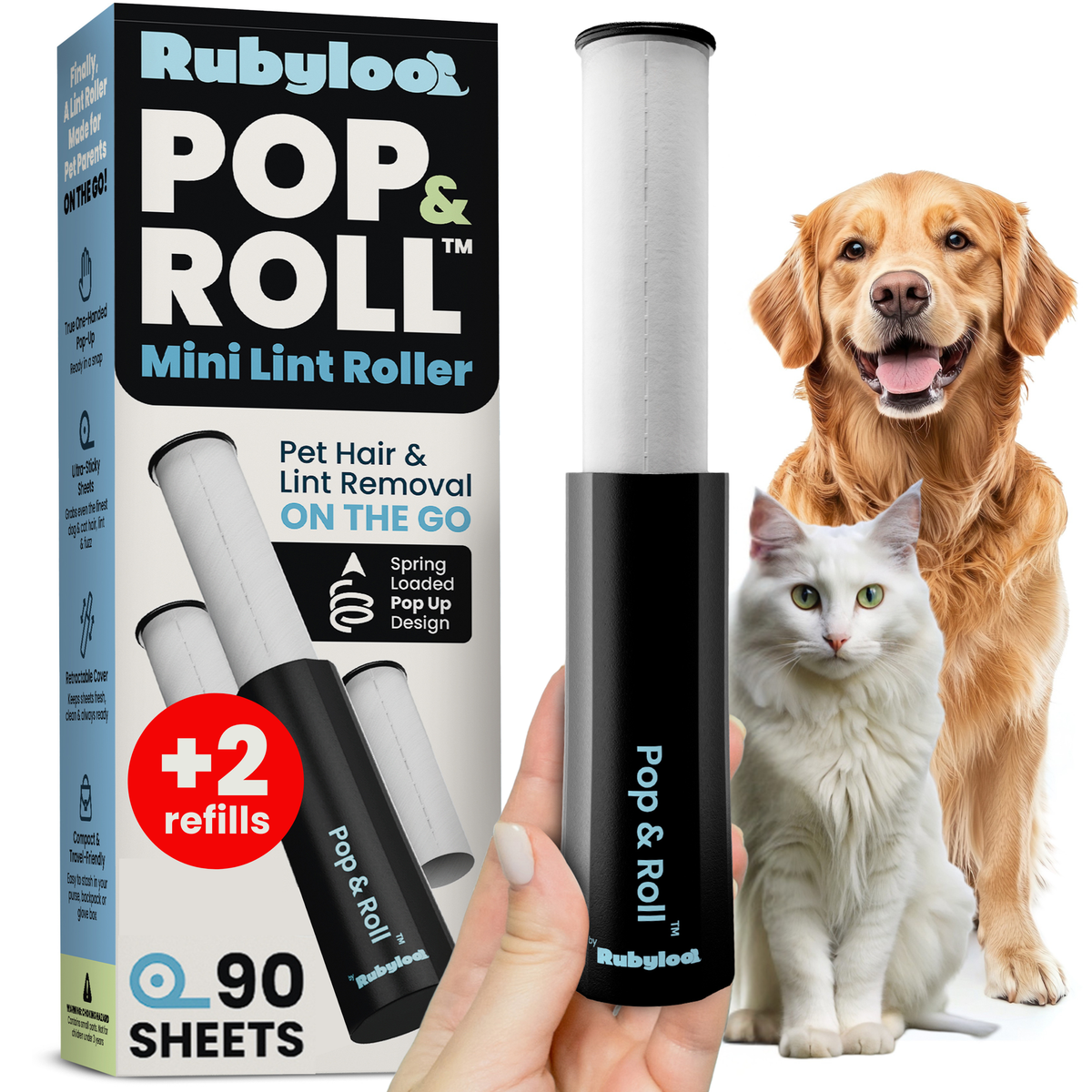 Retractable Mini Lint Roller for Pet Hair with 2 Refills, Rubyloo, sold through Sniff and Shift