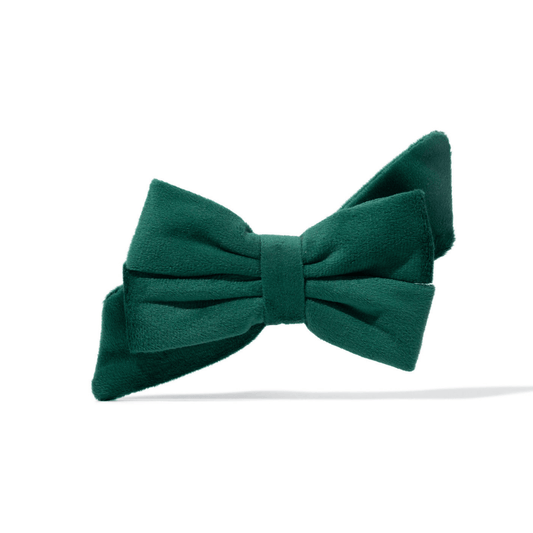 Rue Dog Babe Bow in emerald velvet, shown in Small and Large sizes, Pink Papyrus Co., sold through Sniff and Shift