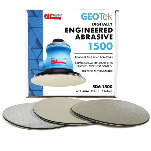 RBL GEOTek SD6-1500 engineered abrasive box with three 6 inch foam backed discs in front of it