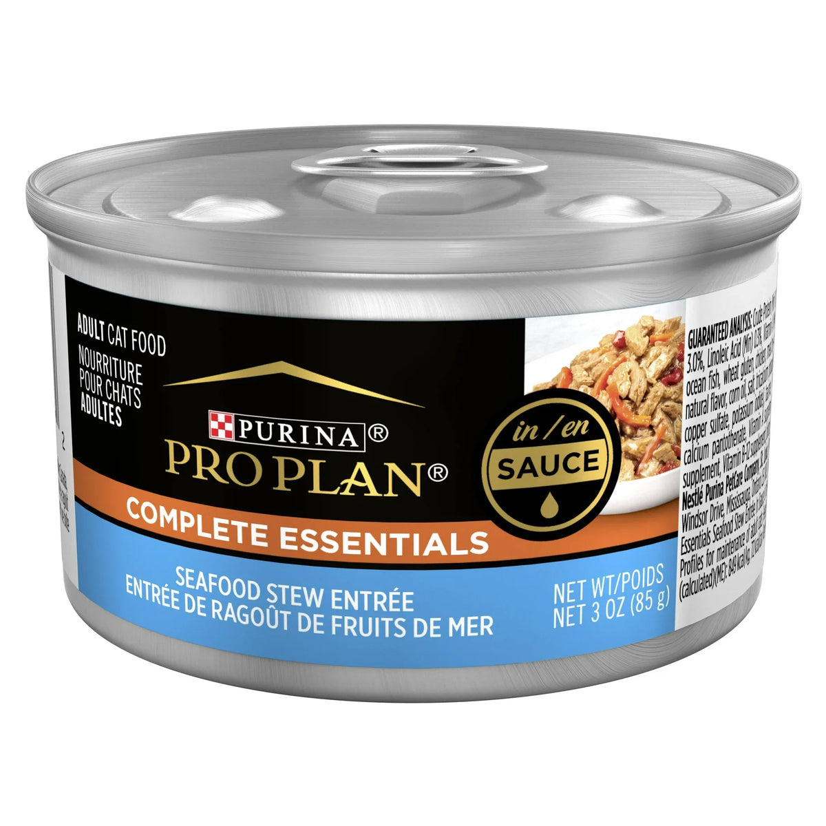 Pro Plan Complete Essentials Seafood Stew entree in sauce wet cat food can, 3oz