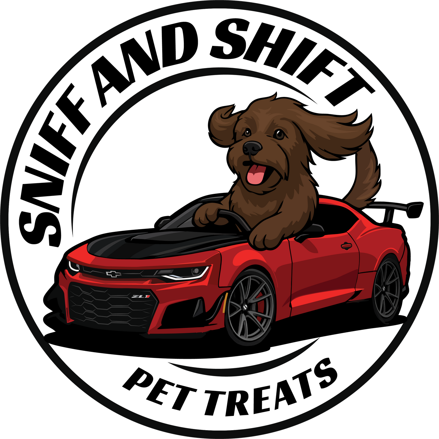 Sniff and Shift circle-logo T-shirt, logo printed on the back