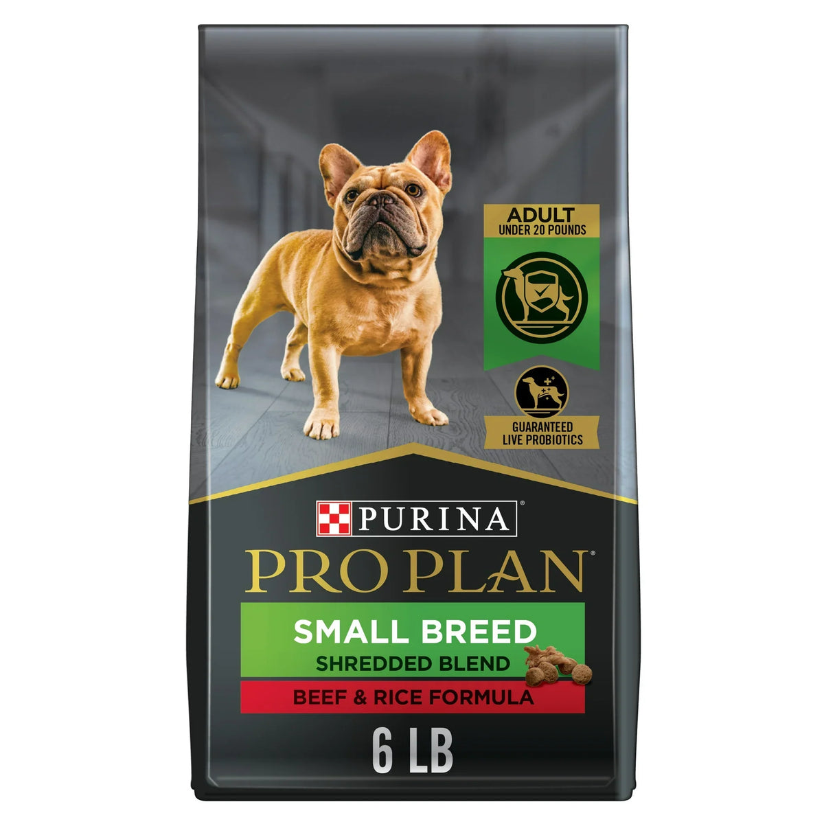 6lb bag of Pro Plan Small Breed Shredded Blend Beef & Rice dry dog food