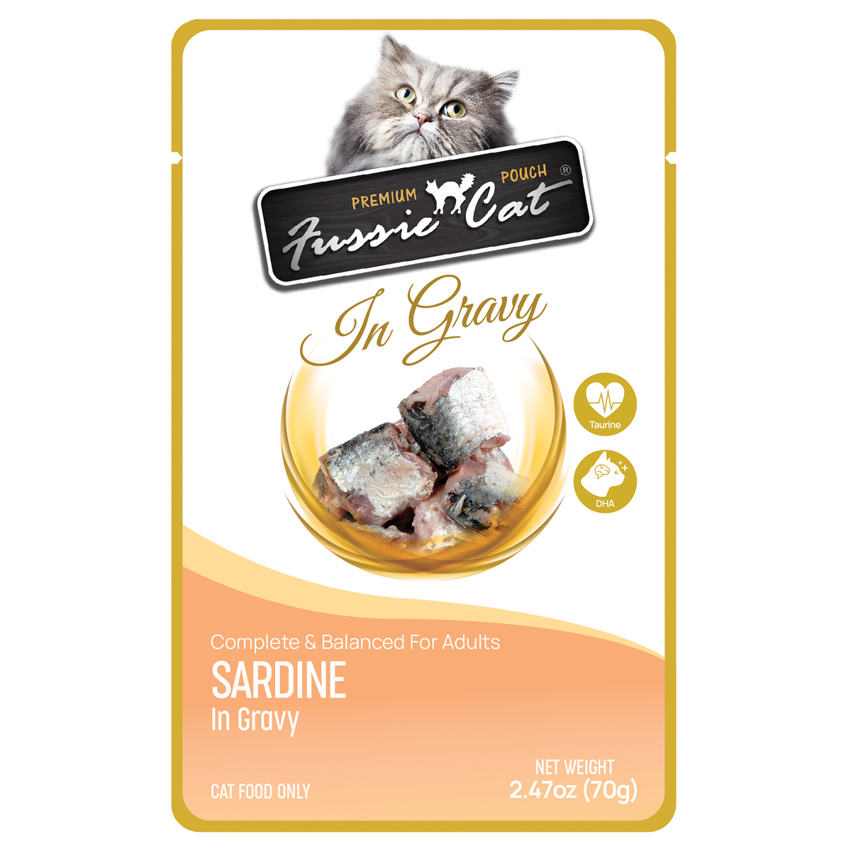 Fussie Cat Premium Pouch Sardine in Gravy wet cat food, 2.47oz pouch