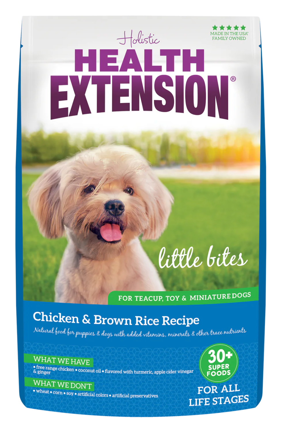 4lb, 10lb and 18lb bags of Health Extension Little Bites Chicken & Brown Rice dry dog food