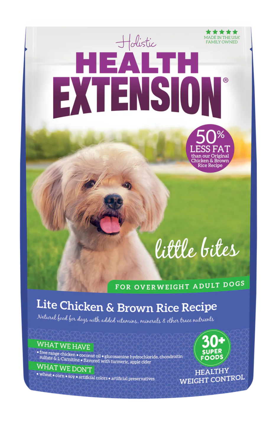 4lb and 15lb bags of Health Extension Little Bites Lite Chicken & Brown Rice dry dog food