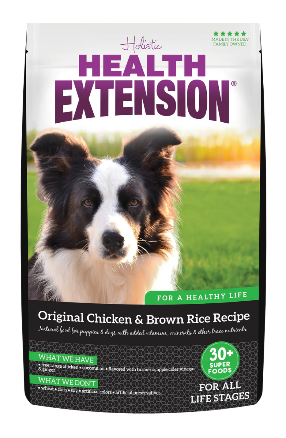 4lb, 15lb and 30lb bags of Health Extension Original Chicken & Brown Rice dry dog food