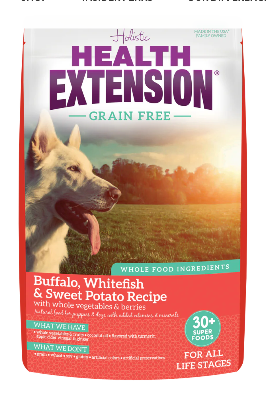 4lb and 23.5lb bags of Health Extension Grain Free Buffalo, Whitefish & Sweet Potato dry dog food