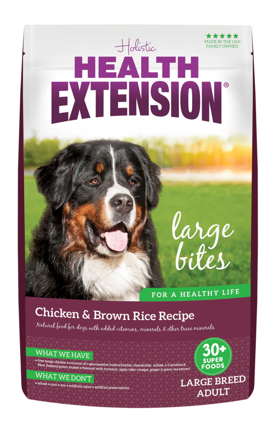 Bag of Health Extension All Life Stages Large Bites Chicken and Brown Rice dog food, 30lb