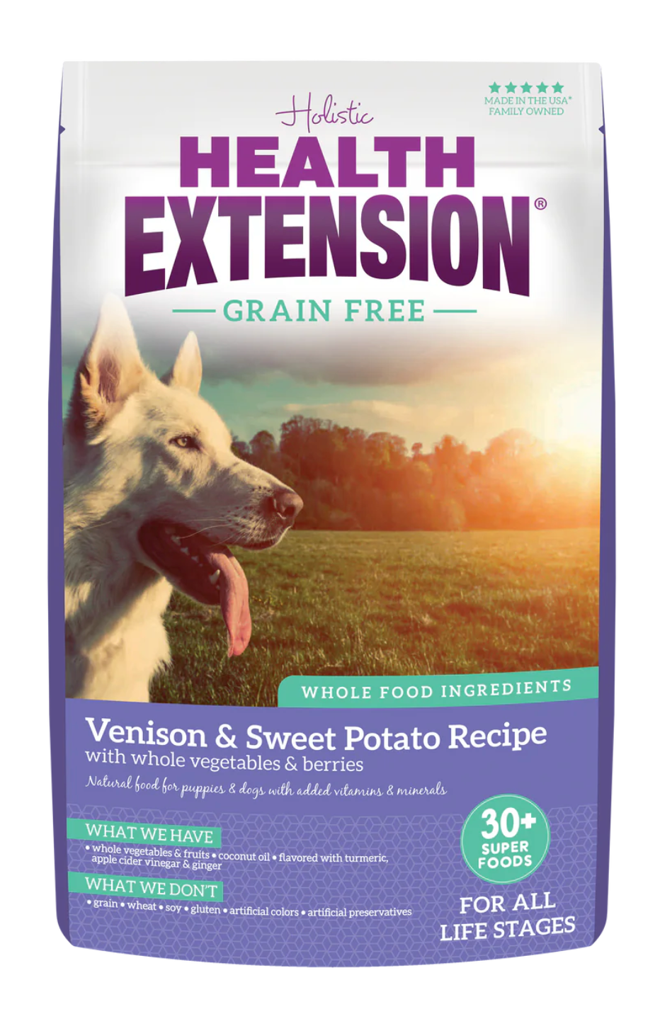 4lb and 23.5lb bags of Health Extension Grain Free Venison & Sweet Potato dry dog food