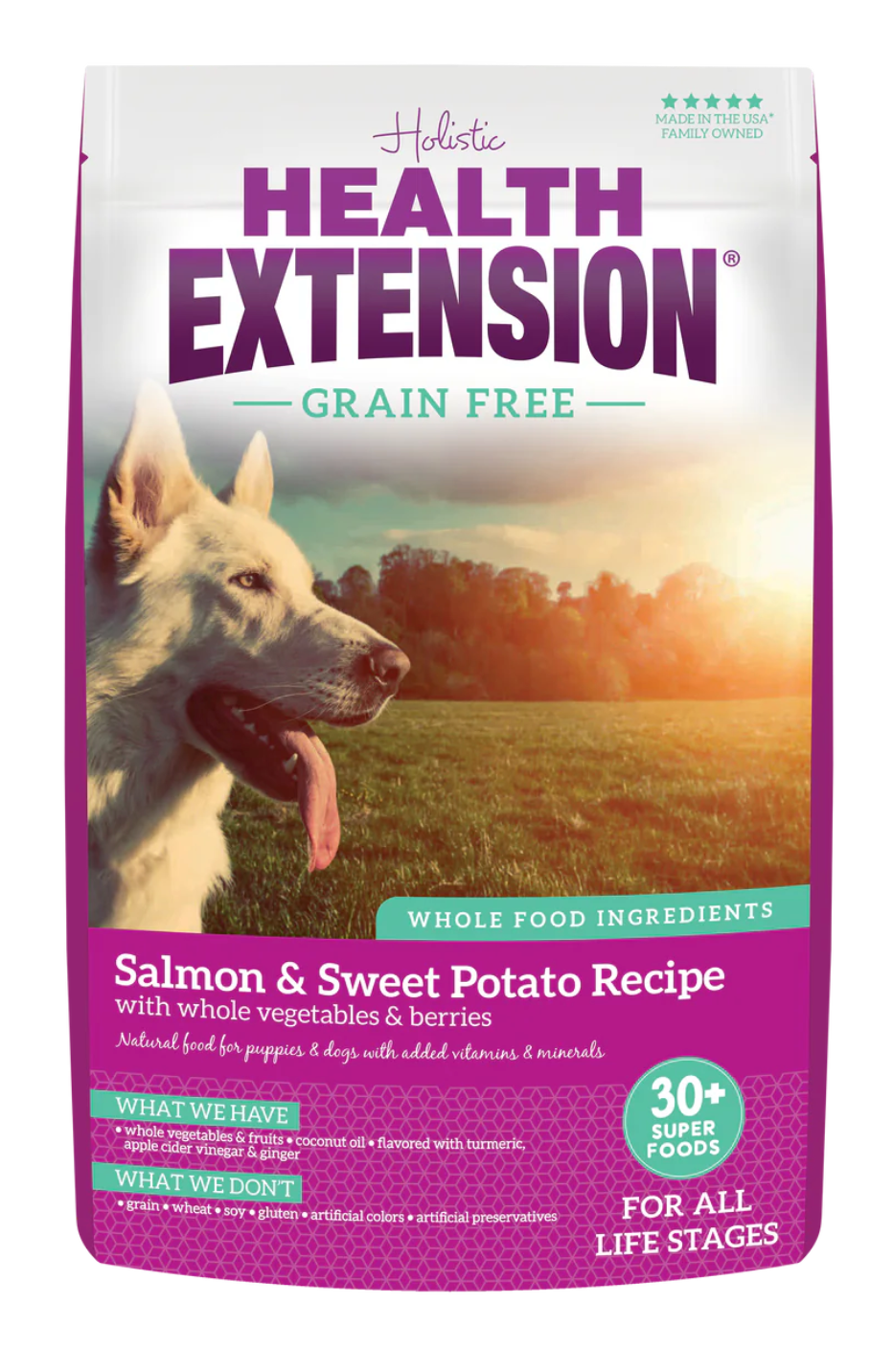 4lb and 23.5lb bags of Health Extension Grain Free Salmon & Sweet Potato dry dog food