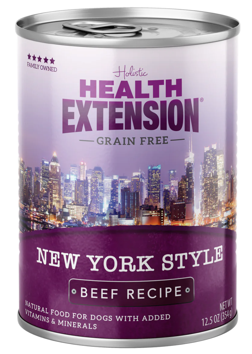 12.5oz can of Health Extension Grain Free New York Style Beef wet dog food