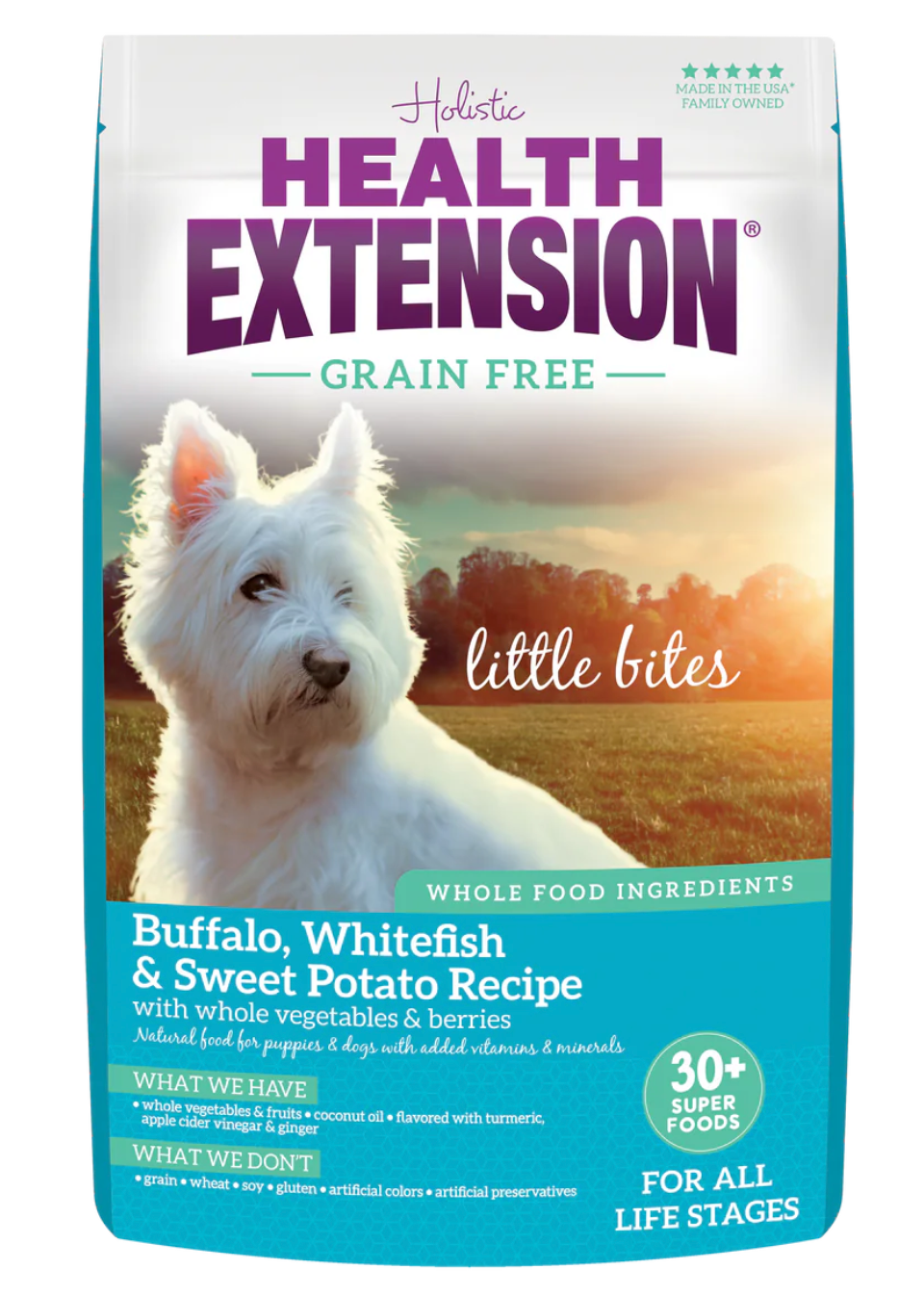 3.5lb and 10lb bags of Health Extension Grain Free Little Bites Buffalo & Whitefish dry dog food