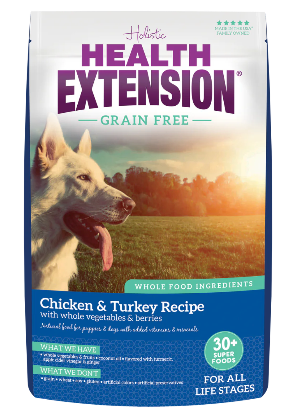 4lb and 23.5lb bags of Health Extension Grain Free Chicken & Turkey dry dog food