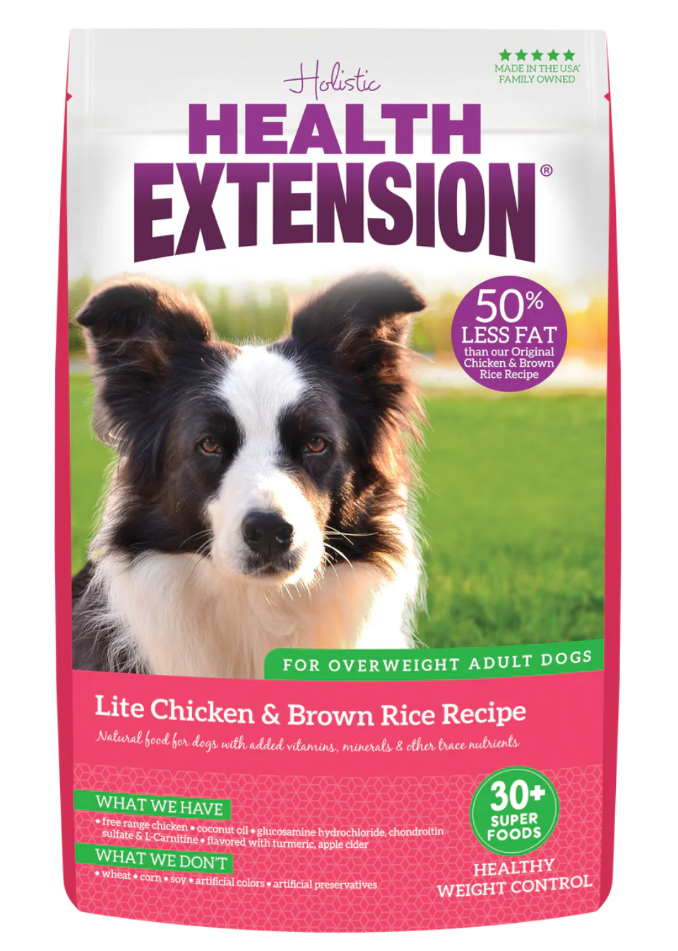 4lb, 15lb and 30lb bags of Health Extension Lite Chicken & Brown Rice dry dog food